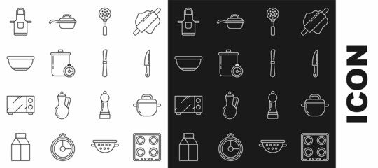Set line Gas stove, Cooking pot, Knife, Spatula, and kitchen timer, Bowl, Kitchen apron and icon. Vector