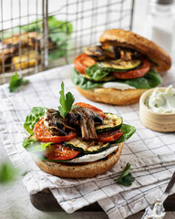 Healthy vegan burgers with grilled vegetables and sauce