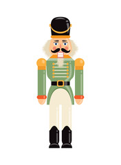 Christmas Nutcracker concept. Colorful poster with toy man in green soldier uniform. Design element for social networks and postcards. Cartoon flat vector illustration isolated on white background
