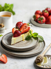 Cottage cheese casserole garnished with fresh strawberries and mint leaves for breakfast