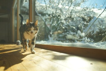 Portrait of tabby cat against the background of japanese garden covered with snow