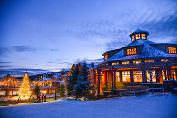 Stowe Mountain Ski Resort in Vermont, Spruce peak village at night.