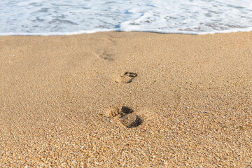 Footprints of a man in the sand on the seashore.
