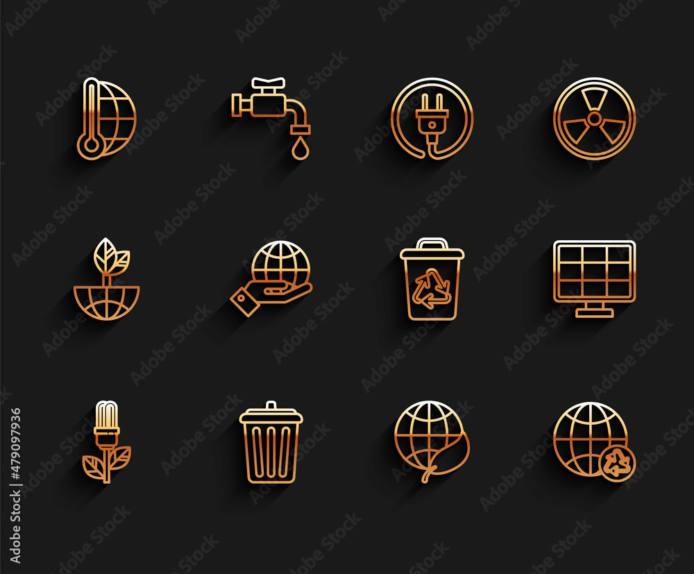 Sticker Set line Light bulb with leaf, Meteorology thermometer measuring, Earth globe and, Planet earth recycling, Human hands holding, Solar energy panel and Recycle bin recycle symbol icon. Vector