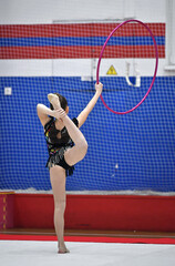 Little girl in beautiful gymnastic dress doing exercise with hoop. Adorable sporty little girl in...