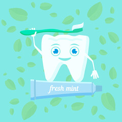 Character healthy white tooth smiling holds a toothbrush in his hand, mint leaves in the background. Vector illustration of world dentist day. For the design of advertising posters of dental centers