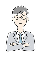 手描き風・腕を組んで困った顔をする男性のベクターイラスト