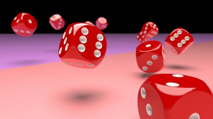 Rolling red-white dices on purple and pink planes background. 3D CG. 3D illustration. 3D high quality rendering.