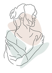 Woman's portrait with elegant pose. Natural hair style. Minimalistic line hand drawn portrait. Skin care. Beauty routine. Take care about yourself. Contemporary portrait.