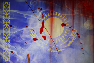 Flag of Kazakhstan with the image of smoke and fire. A symbol of rebellion and rebellion against the government and the regime.
