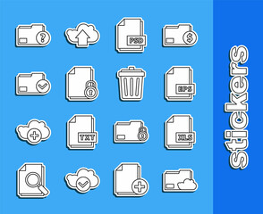Set line Cloud storage text document folder, XLS file, EPS, PSD, Document and lock, check mark, Unknown and Trash can icon. Vector