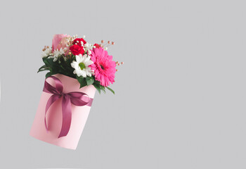 Pink gift box with various colorful flowers on grey background. Valentines day aesthetic nature concept. 8 March card idea.