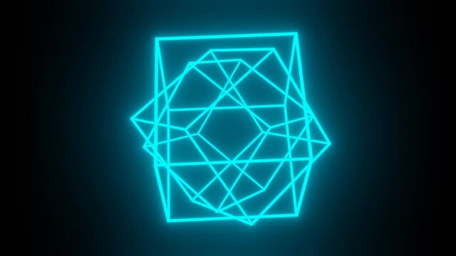 Bright blue edges of the cubes create a symmetrical shape, the cubes begin to rotate, and eventually the original shape appears again. Composition of three cubes with a common center and neon edges.