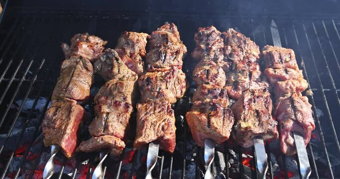 Barbecue grilled beef meat skewers with shish kebab