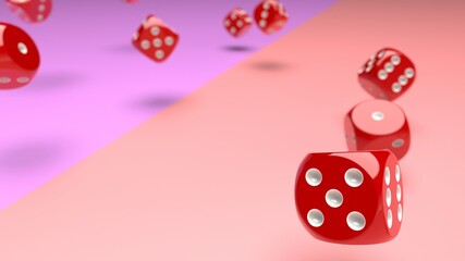 Rolling red-white dices on purple and pink planes background. 3D CG. 3D illustration. 3D high quality rendering.