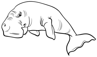 cartoon dugong animal character coloring book page