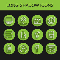 Set line Online book on mobile, Create account screen, Computer monitor, Magnifying glass, quiz, test, survey, mouse, Laptop and Light bulb with concept of idea icon. Vector