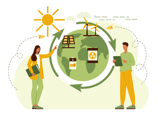 Naklejka premium Renewable alternative energy. Concept ecology friendly power and electricity. Solar panel, turbine, windmill, battery, nuclear reactor. Save the environment and planet earth. Flat vector illustration