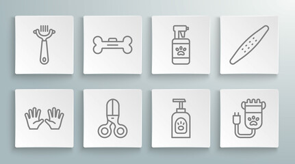 Set line Medical rubber gloves, Dog bone, Scissors hairdresser, Pet shampoo, Hair clipper pet, Nail file and brush for dog and cat icon. Vector