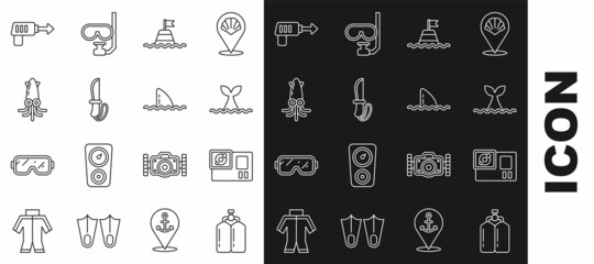 Set line Aqualung, Action camera, Whale tail in ocean wave, Floating buoy the sea, Knife, Octopus, Fishing harpoon and Shark fin icon. Vector
