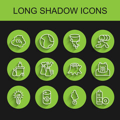 Set line Light bulb with leaf, Barrel oil, CO2 emissions in cloud, Tree, Battery, Smoke from factory, Polar bear head and stump icon. Vector