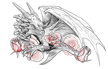 art dragon outline in graphic style with red flowers