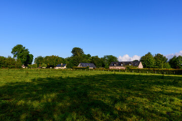 Obraz premium The fields in front of a traditional French village of Saint Sylvain in Europe, France, Normandy, towards Veules les Roses, in summer, on a sunny day.