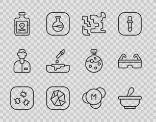 Set line Bacteria, Mortar and pestle, Gaseous, Salt stone, Poison in bottle, Petri dish with pipette, Molecule and Safety goggle glasses icon. Vector
