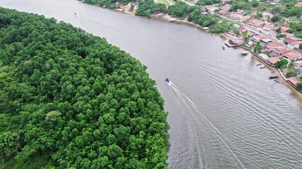 Preguica River seen from above near Barreirinhas, Lencois Maranhenses, Maranhao, Brazil. 4K.