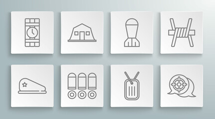 Set line Military beret, barracks, Bullet, dog tag, Target sport, Aviation bomb, Barbed wire and Dynamite and timer clock icon. Vector