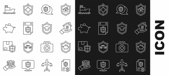Set line Contract with shield, Piggy bank, House in hand, Location, Calendar, Ship and Graduation cap icon. Vector