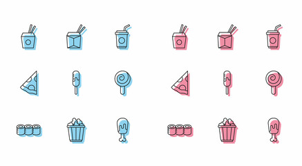 Set line Sushi, Popcorn in box, Asian noodles and chopsticks, Chicken leg, Ice cream, Lollipop, Slice of pizza and icon. Vector
