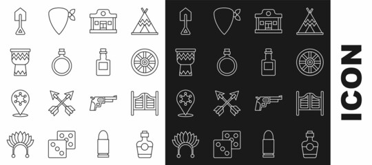 Set line Tequila bottle, Saloon door, Old wooden wheel, Wild west saloon, Canteen water, Drum, Shovel and icon. Vector