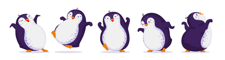 Set of cute dancing penguins in different poses. Vector illustration in cartoon style. All elements are isolated. White background.