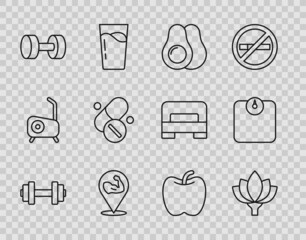 Set line Dumbbell, Lotus flower, Avocado fruit, Bodybuilder muscle, Vitamin pill, Apple and Bathroom scales icon. Vector