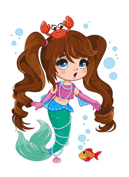 Cute little mermaid with a crab and a fish. Vector illustration of a marine character in a cartoon childish style with an outline. Isolated funny clipart with baby girl. Cute print.