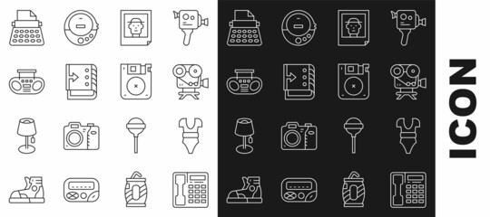 Set line Telephone handset, Swimsuit, Retro cinema camera, Photo, Sound mixer controller, Home stereo with two speakers, typewriter and Floppy disk icon. Vector