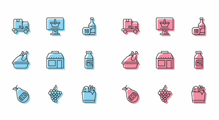 Set line Healthy organic pear, Grape fruit, Hand truck and boxes, Shopping bag food, Market store, Bottle with milk, Roasted turkey chicken and cart on computer icon. Vector