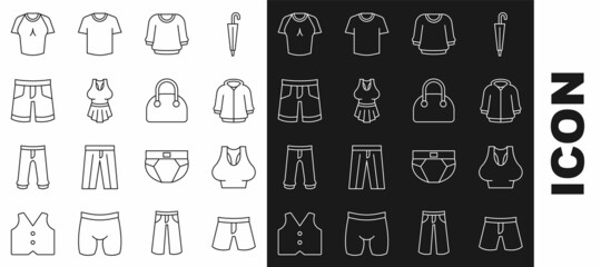 Set line Short or pants, Undershirt, Hoodie, Sweater, T-shirt and Handbag icon. Vector
