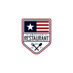 American Food Restaurant Logo. USA flag symbol with Spoon, Fork, and Star icons. On blue, red, and white colors. Premium and Luxury  vector illustration
