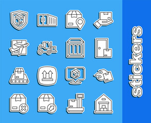 Set line Warehouse, Carton cardboard box, Home delivery services, Location with, Forklift truck, Plane and, Delivery security shield and icon. Vector