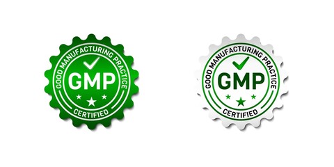 GMP (Good Manufacturing Practice) Certified Label. With star and check icon. On gradient green and white color. Premium and luxury button template