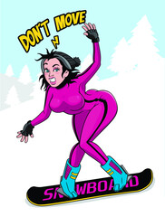 Woman learning snowboarding on snow slope

