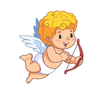 Cute baby Cupid holds a crossbow and flies. Happy cartoon character of Cupid in diapers, with wings. Illustration for the day of lovers and lovers. Vector chubby child.