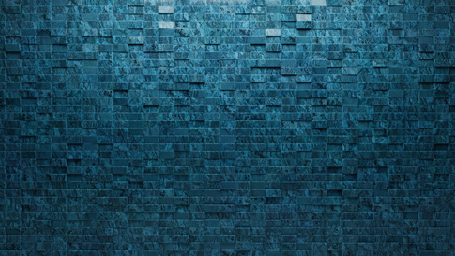 Blue Patina Tiles arranged to create a Textured wall. Rectangular, 3D Background formed from Glazed blocks. 3D Render