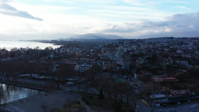 Aerial view of Ioannina city in Greece, Aslan Pasha Tzami, the lake with the island of Kyra Frosini or nissaki.