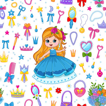 Seamless pattern with a cute little princess in a ball gown and beauty items. Comb, magic wand, crown, beads in a fun children's style. Vector illustration for print clothes, cards, textiles.