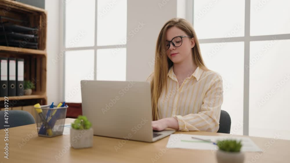 Sticker young blonde woman business worker using laptop working at office