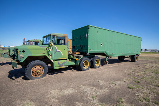 Lexington, Nebraska - April 29 2021: Army Marines military semi truck at Heartland Museum of Military Vehicles. 