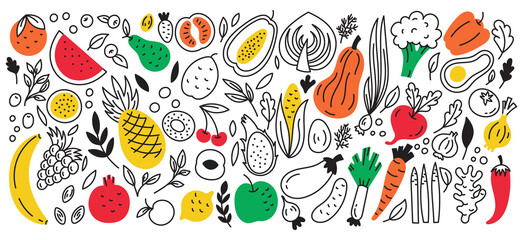 A set of doodle elements vegetables and fruits with leaves and branches. Black and white with colored spots. Diet, healthy food, vegetarianism, vegan. Restaurant menu.